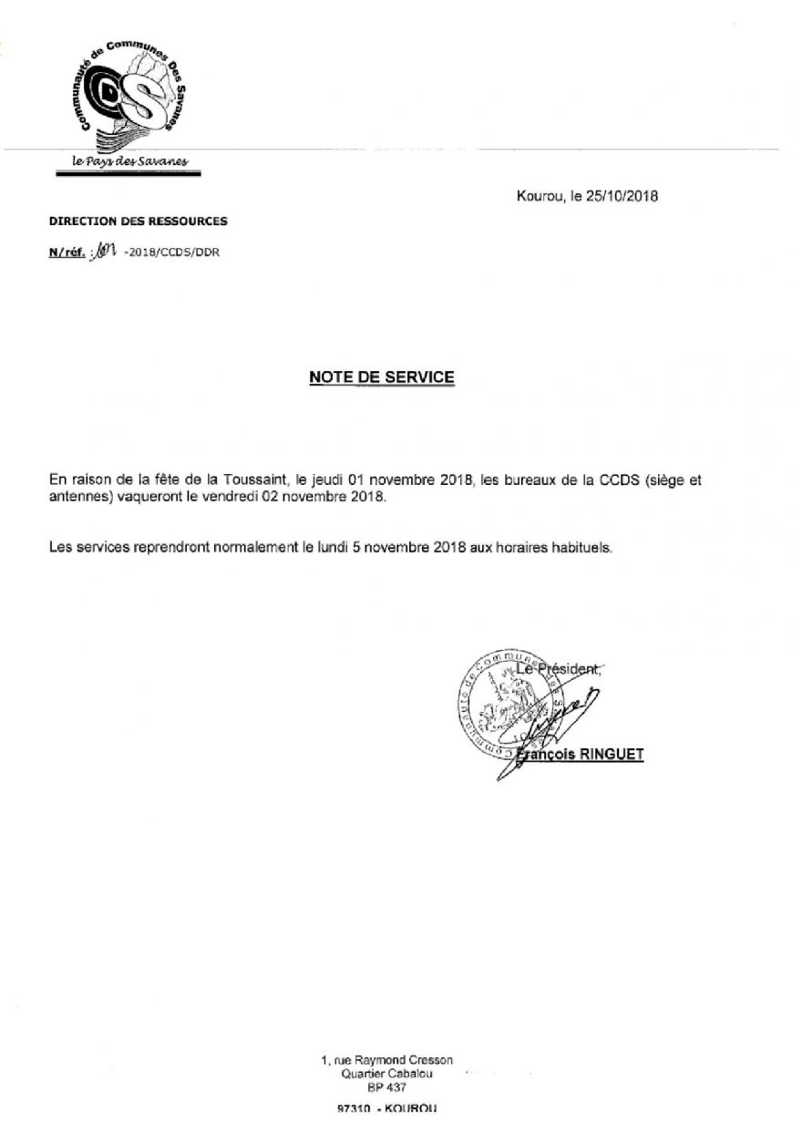 Fermeture bureaux – Toussaint 2018