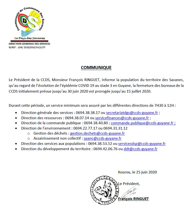 COMMUNIQUE COVID-19 du 25 Juin 2020