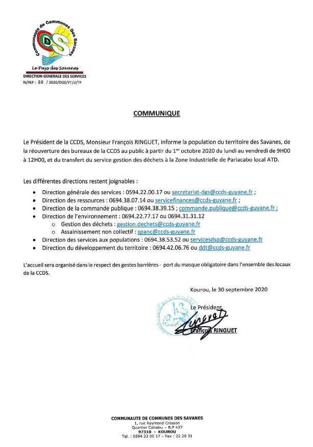 Réouverture des bureaux de la CCDS