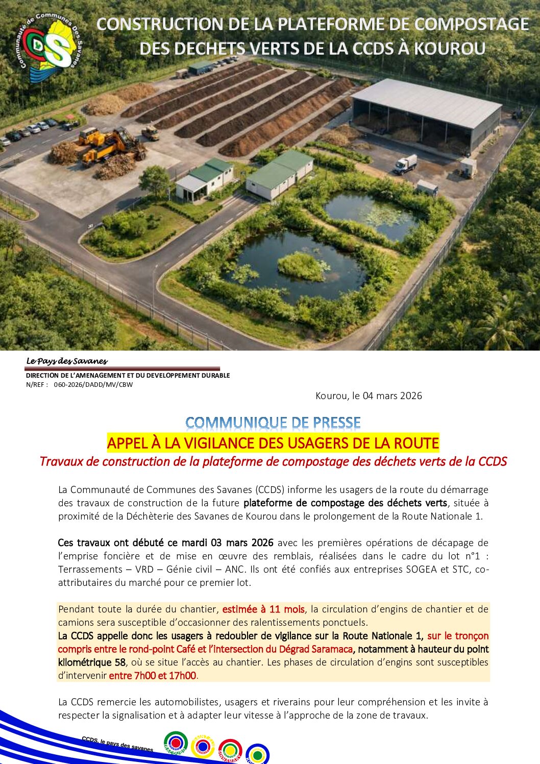 CONSTRUCTION DE LA PLATEFORME DE COMPOSTAGE DES DÉCHETS VERTS DE LA CCDS À KOUROU
